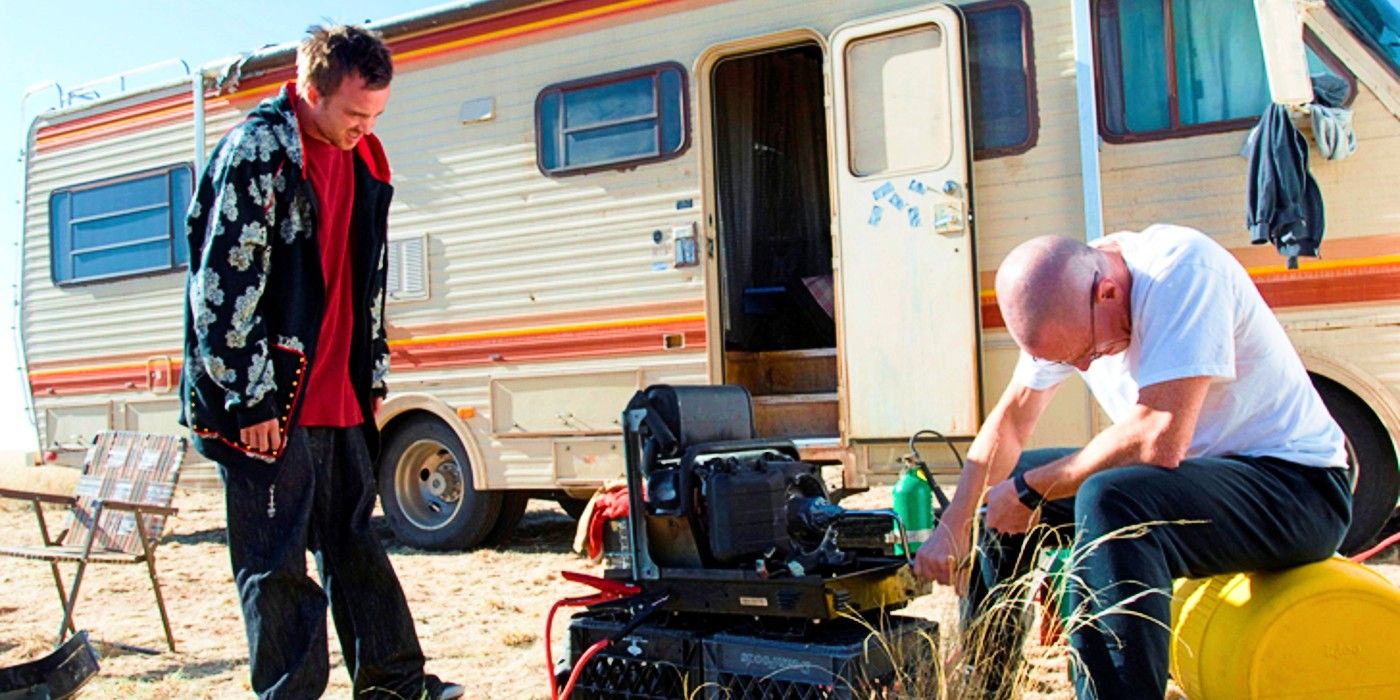 Walter White and Jesse with generator outside of the RV